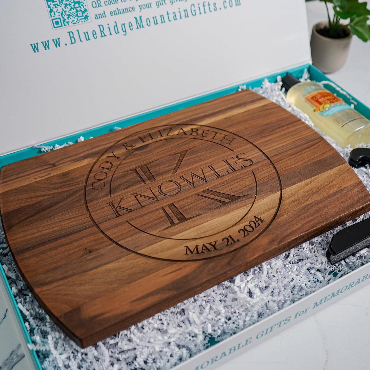 Blue Ridge Mountain Gifts Personalized Wood Cutting Board with Gift Box, Stand, and Oil Included Laser Engraved Anniversary or Wedding Gift Couples Housewarming Present Blue Ridge Mountain Gifts