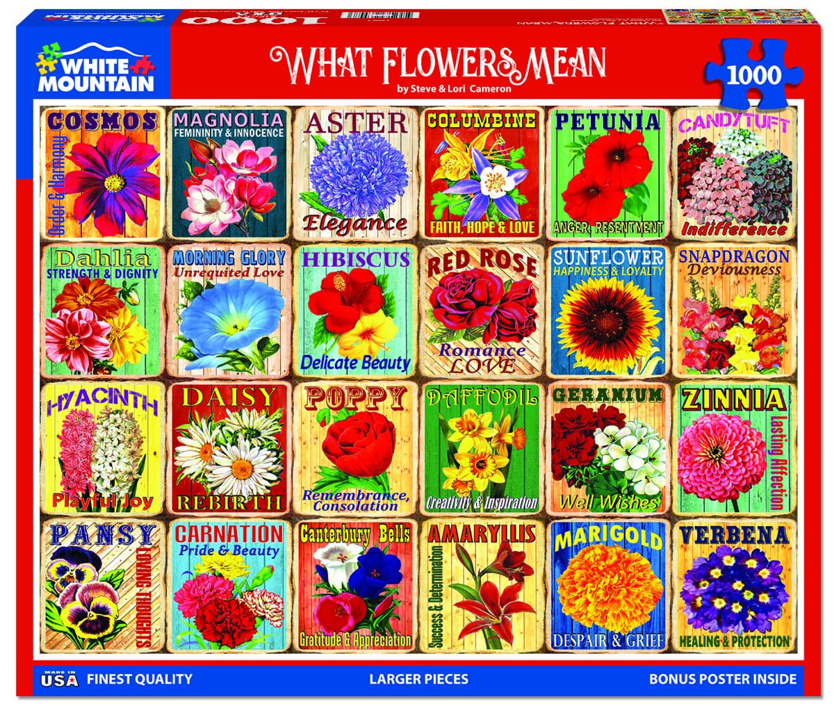 White Mountain What Flowers Mean 1000 Piece Puzzle Unique Art Collage Jigsaw Puzzles for Seniors and Adults White Mountain