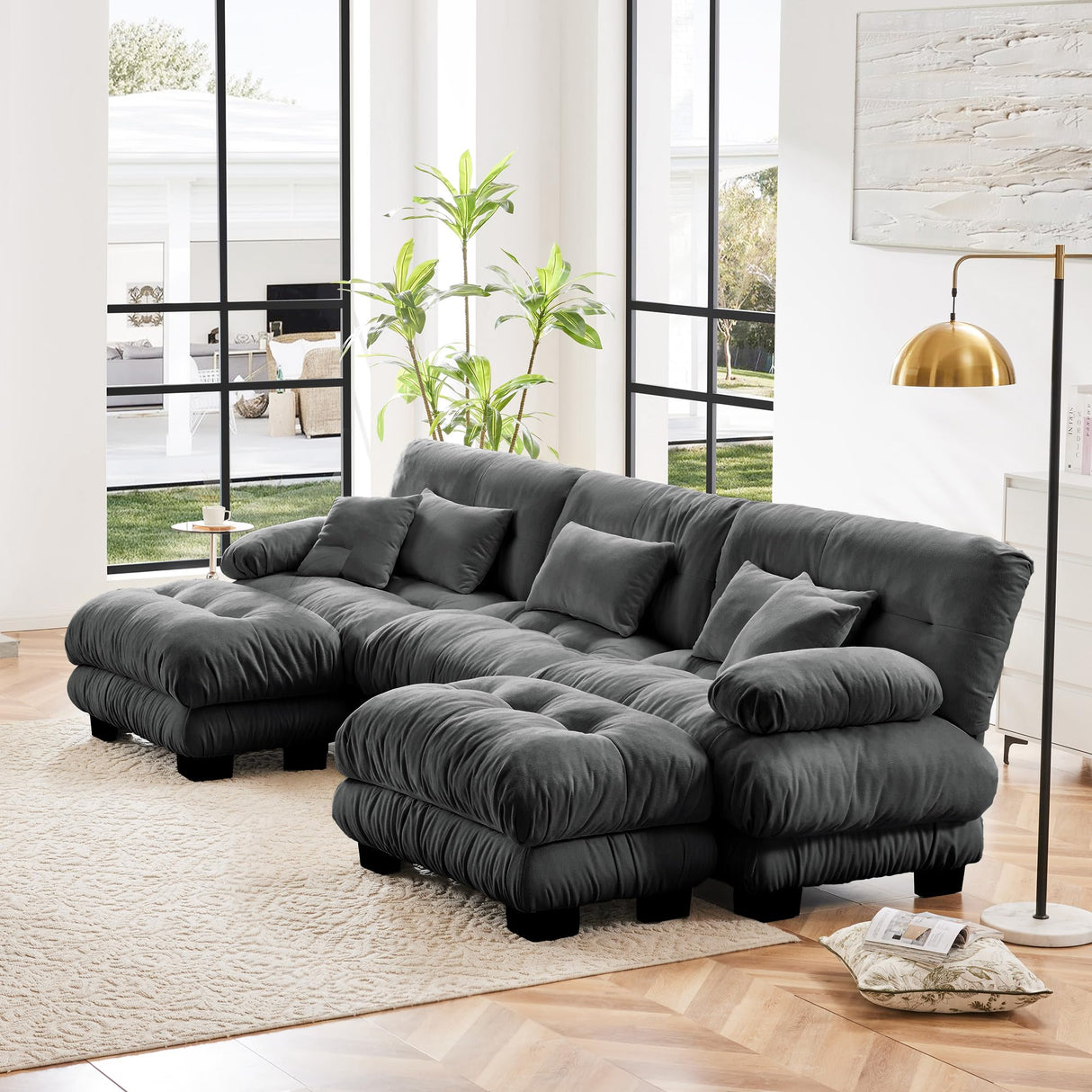 KEIKI 133" Sectional Sofa with Removable Ottomans, Gray 5 Seat U Shaped Sleeper Cloud Couch Set, Comfy Chenille Upholstered Modular SofaBed for Apartment Living Room, Throw Pillows, Dark Grey KEIKI