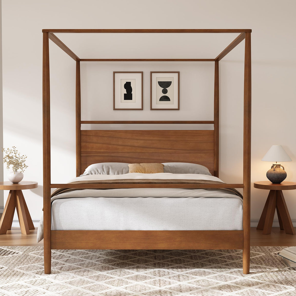 LUMISOL Queen Size Solid Wood Canopy Bed, Pine Wood Bed Frame Built in Headboard, Four Posters Bed with Complete Roller Track on The Top, No Box Spring Needed, Walnut LUMISOL