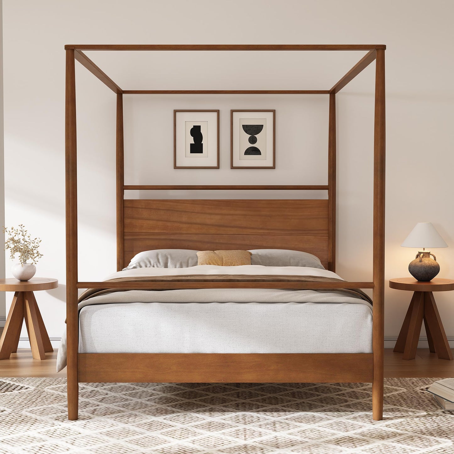 Luckiofvonne Queen Size Walnut Canopy Bed Frame with Headboard – Sturdy 4-Post Design, No Box Spring Needed - WoodArtSupply