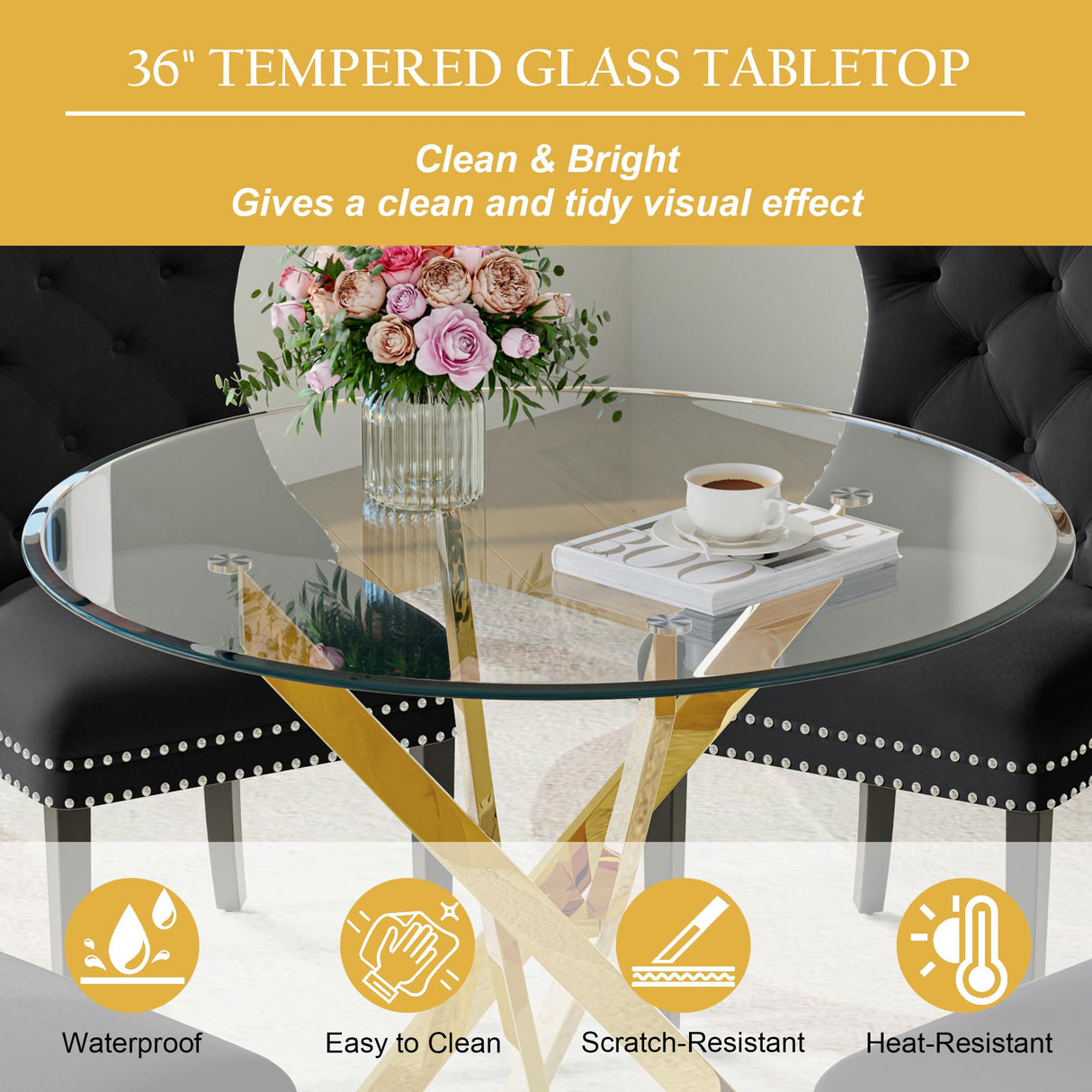 Modehodei 5-Piece Glass Dining Table Set for 4, Include 36" Round Tempered Glass Kitchen Table and 4 Black High Back Chairs for Dining Room, Living Room (Gold Legs) Modehodei