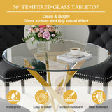 Modehodei 5-Piece Glass Dining Table Set for 4, Include 36" Round Tempered Glass Kitchen Table and 4 Black High Back Chairs for Dining Room, Living Room (Gold Legs) Modehodei