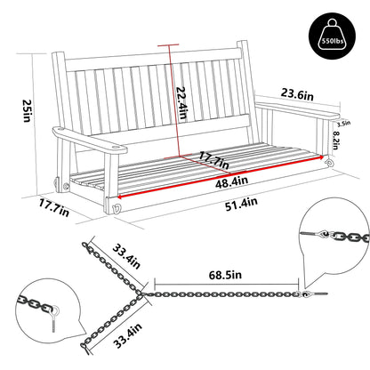 MUPATER Outdoor Patio Hanging Wooden Porch Swing 4FT with Chains, 2-Person Heavy Duty Swing Bench for Garden and Backyard, White - WoodArtSupply