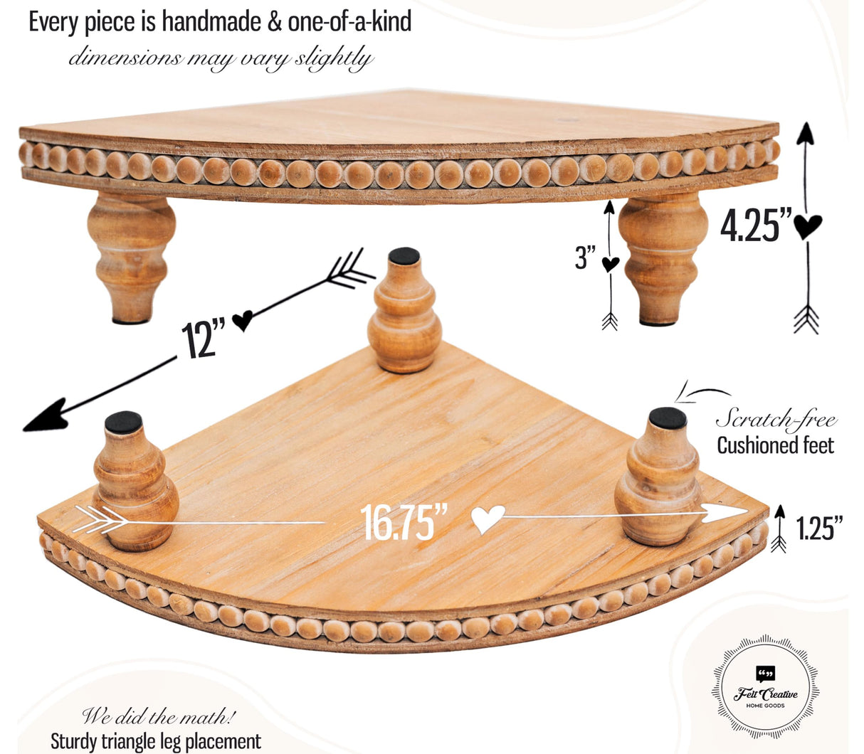 Corner Pedestal Stand Rustic Decor Riser for Display - Farmhouse Wood Rounded Beaded Tray for Kitchen and Bathroom Countertop Organizer, Coffee Bar, Plant Stand with Removable Feet (Rustic White) Felt Creative Home Goods