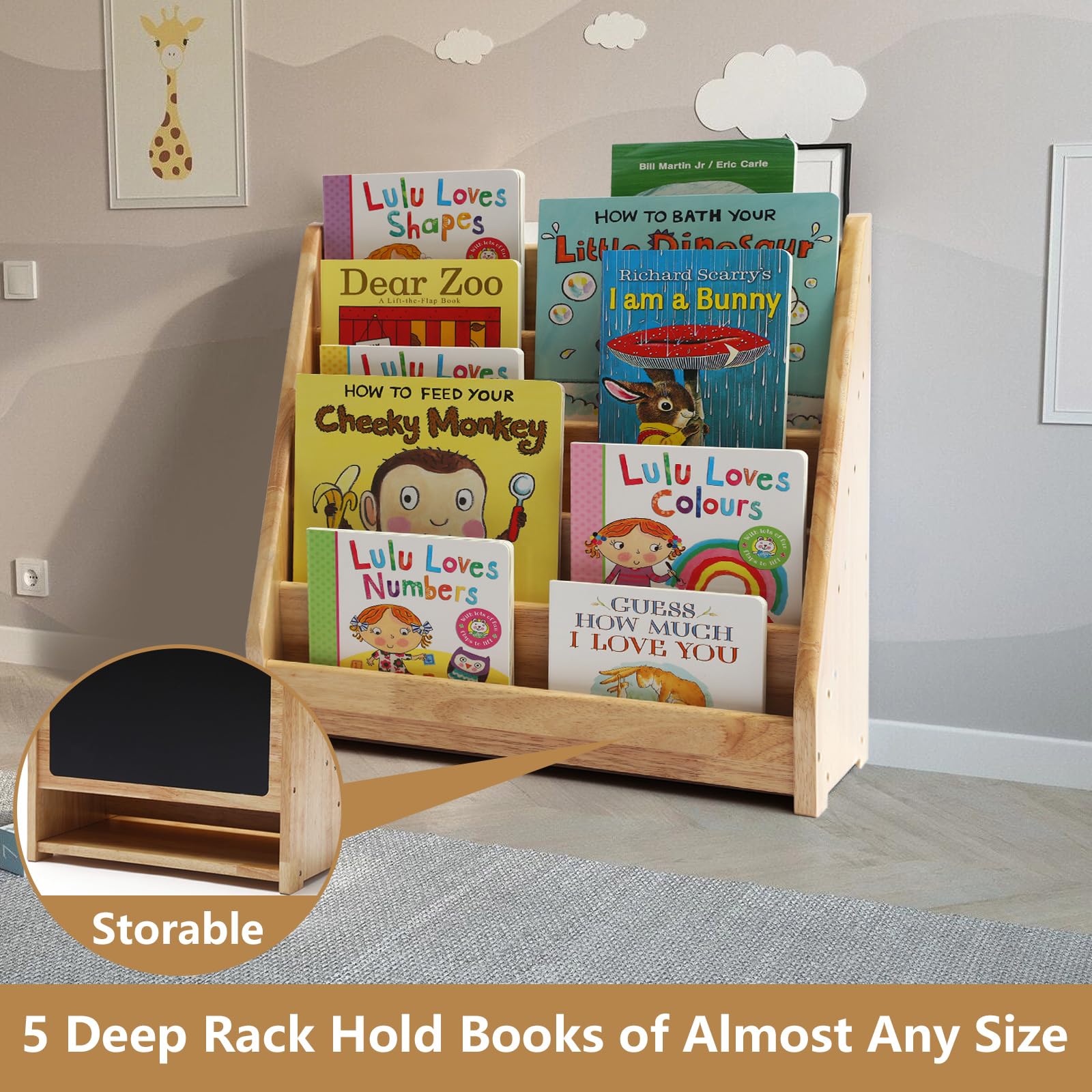 Nuoex 5-Tier Wooden Montessori Bookshelf with Chalkboard for Toddlers - WoodArtSupply