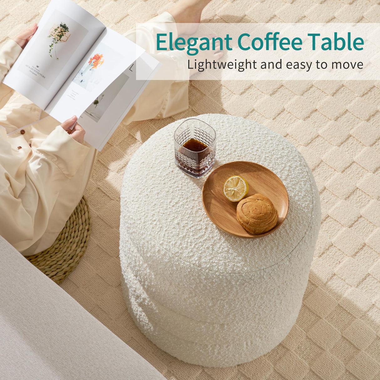 Busaurus Round Ottoman with Storage for Living Room Small Boucle Foot Stool Modern Upholstered Vanity Stool Ottoman Foot Rest for Dorm Corner Home Decor, Set of 1 (White) Busaurus