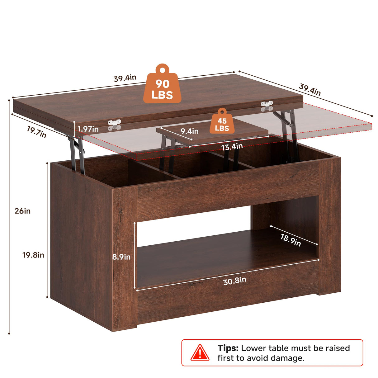 UNIQUITE 40" Lift Top Coffee Table, 4 in 1 Multi-Function Lift Coffee Table with Storage and Hidden Compartment, Convertible Coffee Tables to Dining Table for Living Room, Walnut UNIQUITE