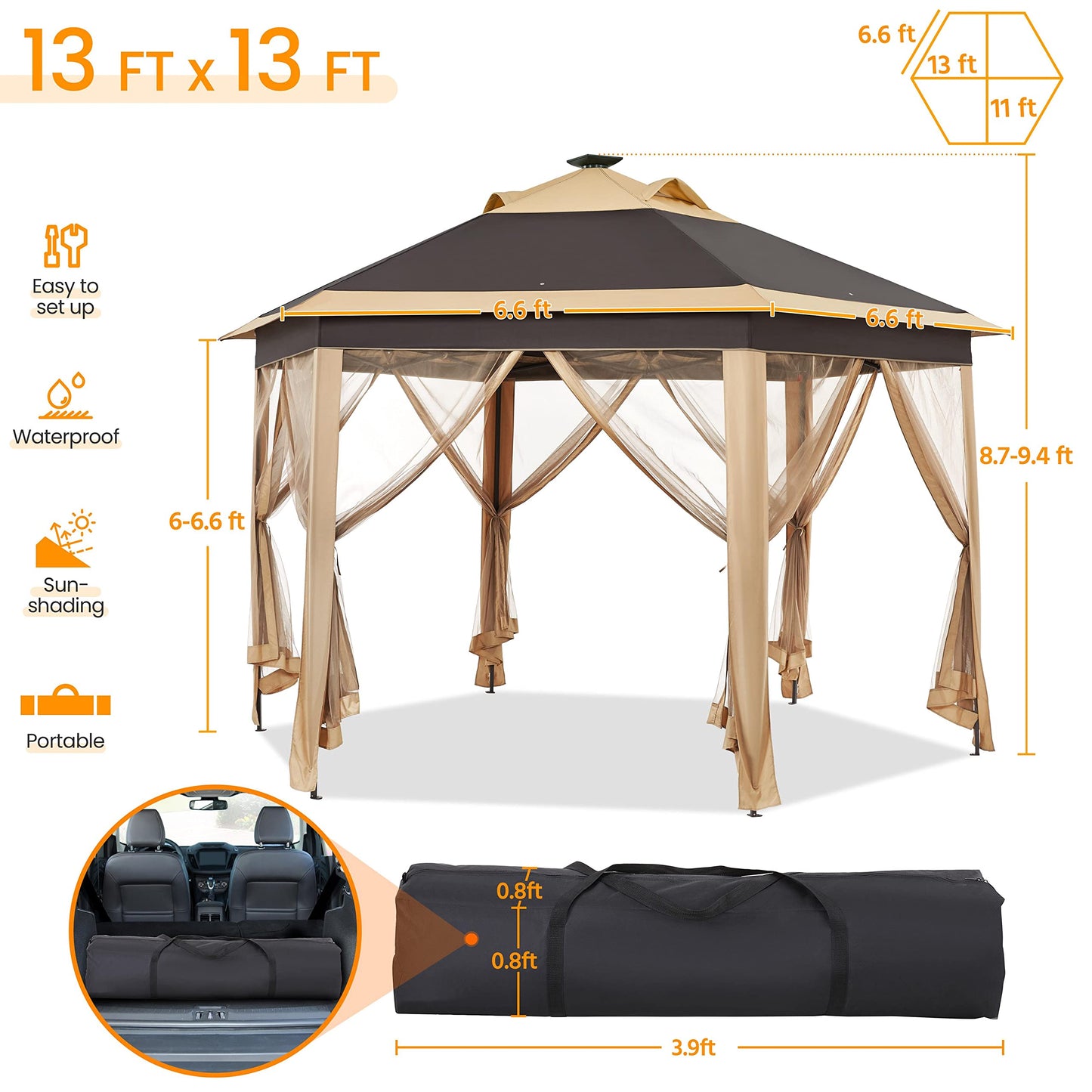 Yaheetech 13×13 Pop-Up Patio Gazebo Tent W/Mesh Netting Sides & 25 Solar LED Lights, Hexagonal Double Vented 3 Height Adjustable Gazebo with Storage - WoodArtSupply