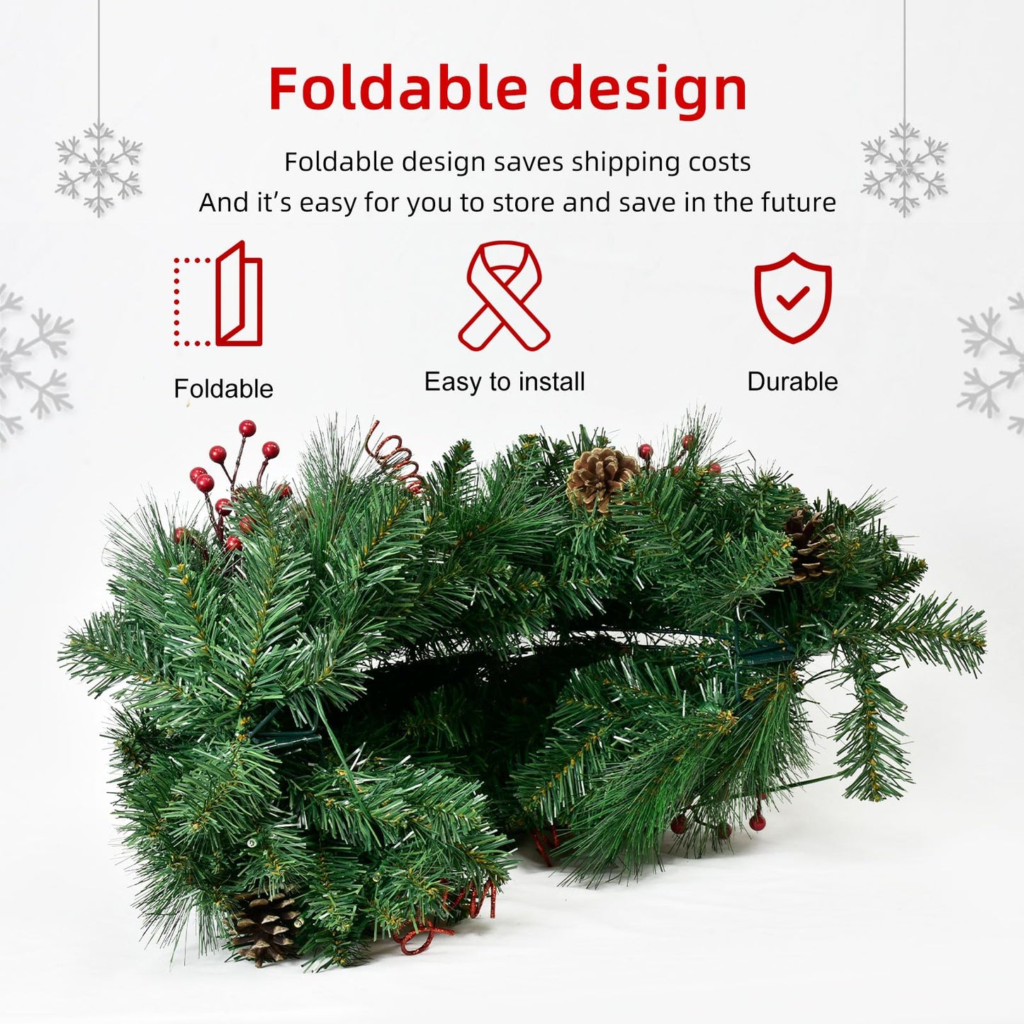 Christmas Wreaths for Front Door 24In - Artificial Christmas Wreath with 40 LEDs 9 Models Light, Timer, Hanger, Battery Operated Christmas Wreath for Mantel Wall Windows Xmas Decoration