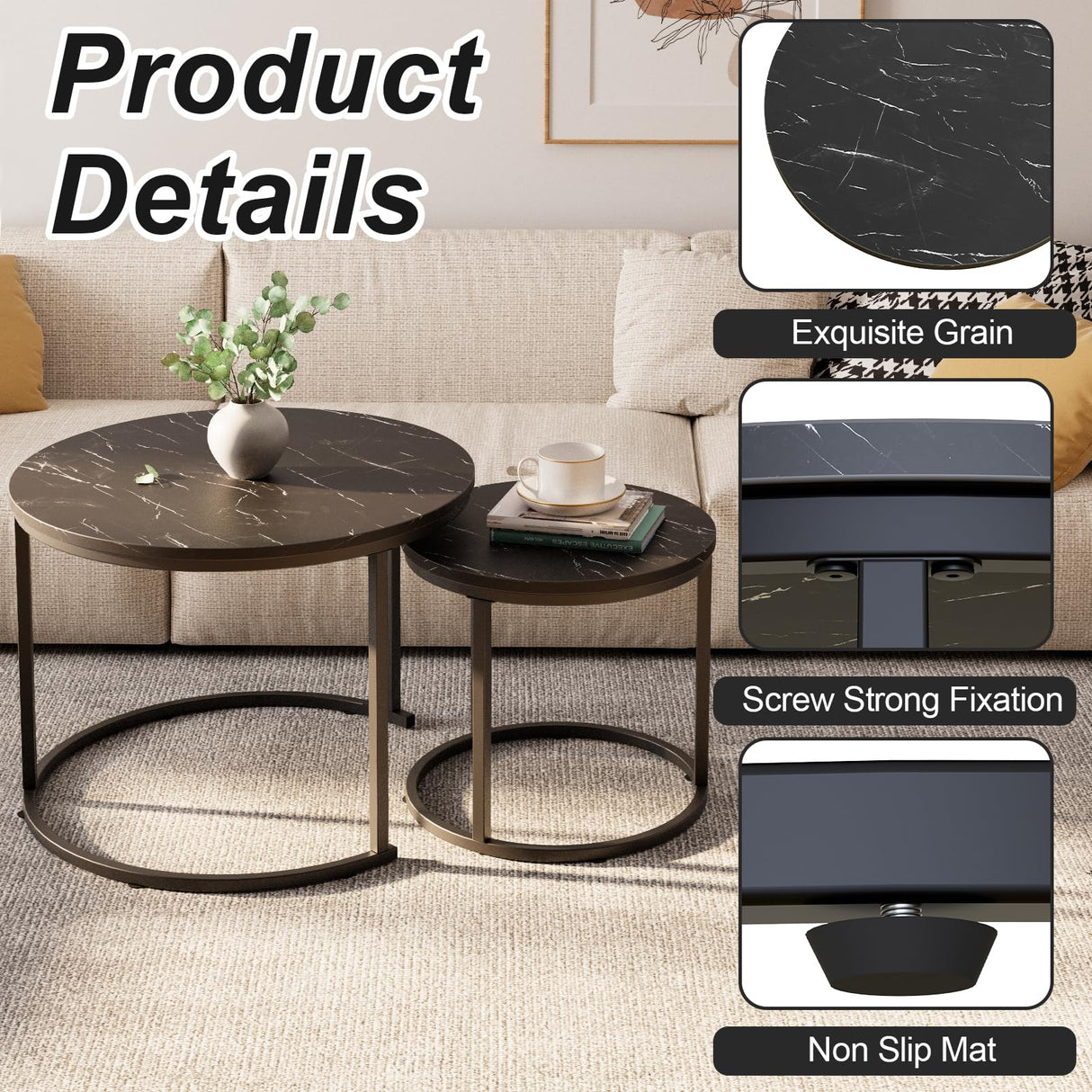 aboxoo Round Nesting Coffee Table Side Set of 2 End Tables for Living Room Bedroom Balcony,Black Faux Marble Wooden Table 23.6IN Accent Large Coffee Table with Steel Frame aboxoo