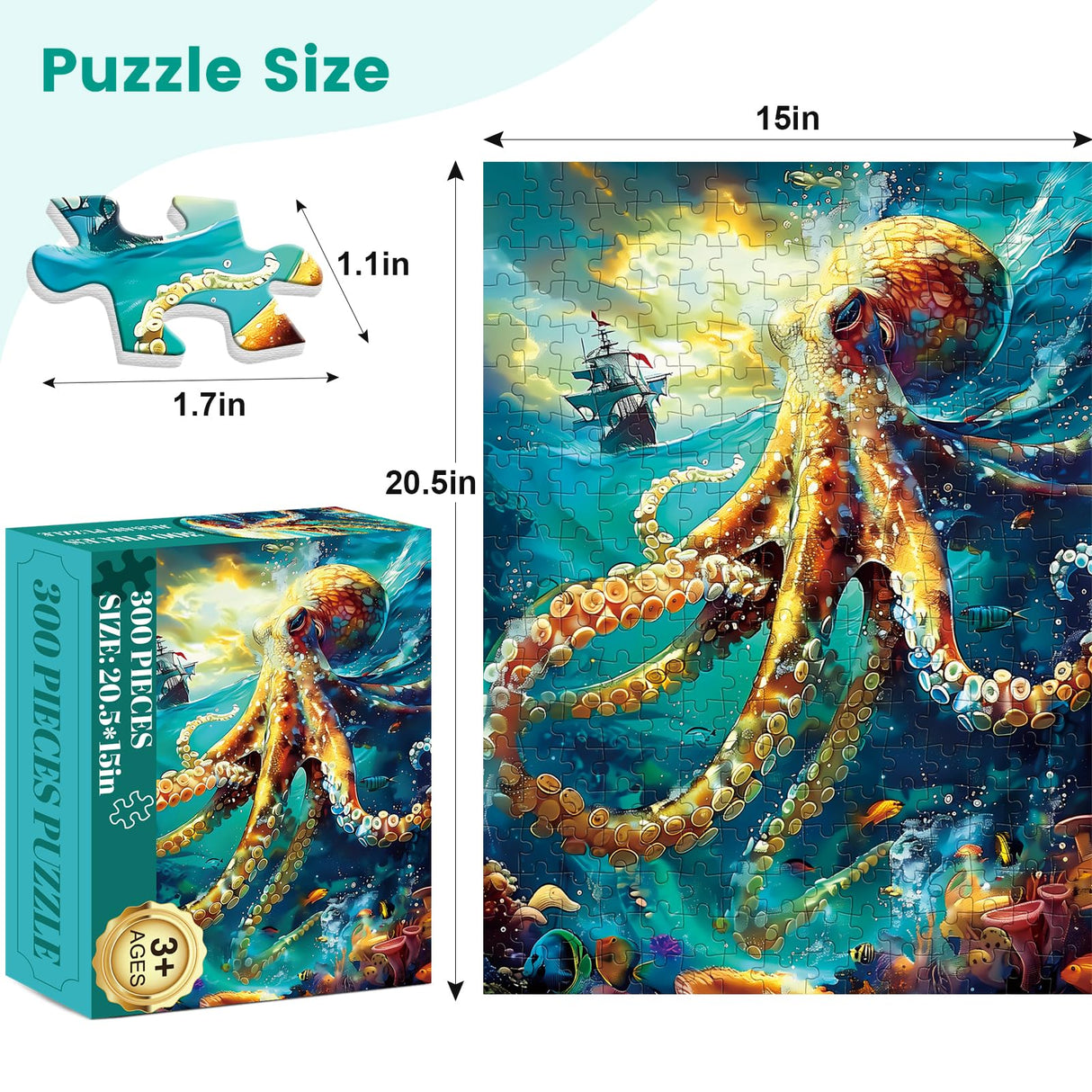300 Piece Puzzle for Adults, Jigsaw Puzzle, Ocean Sailboat Octopus Jigsaw Puzzles, Funny Family Game and Learn About The Beauty of The Ocean, Friends Family Activity Game Nights Gifts, 20.5x15 in VOLUVOLU