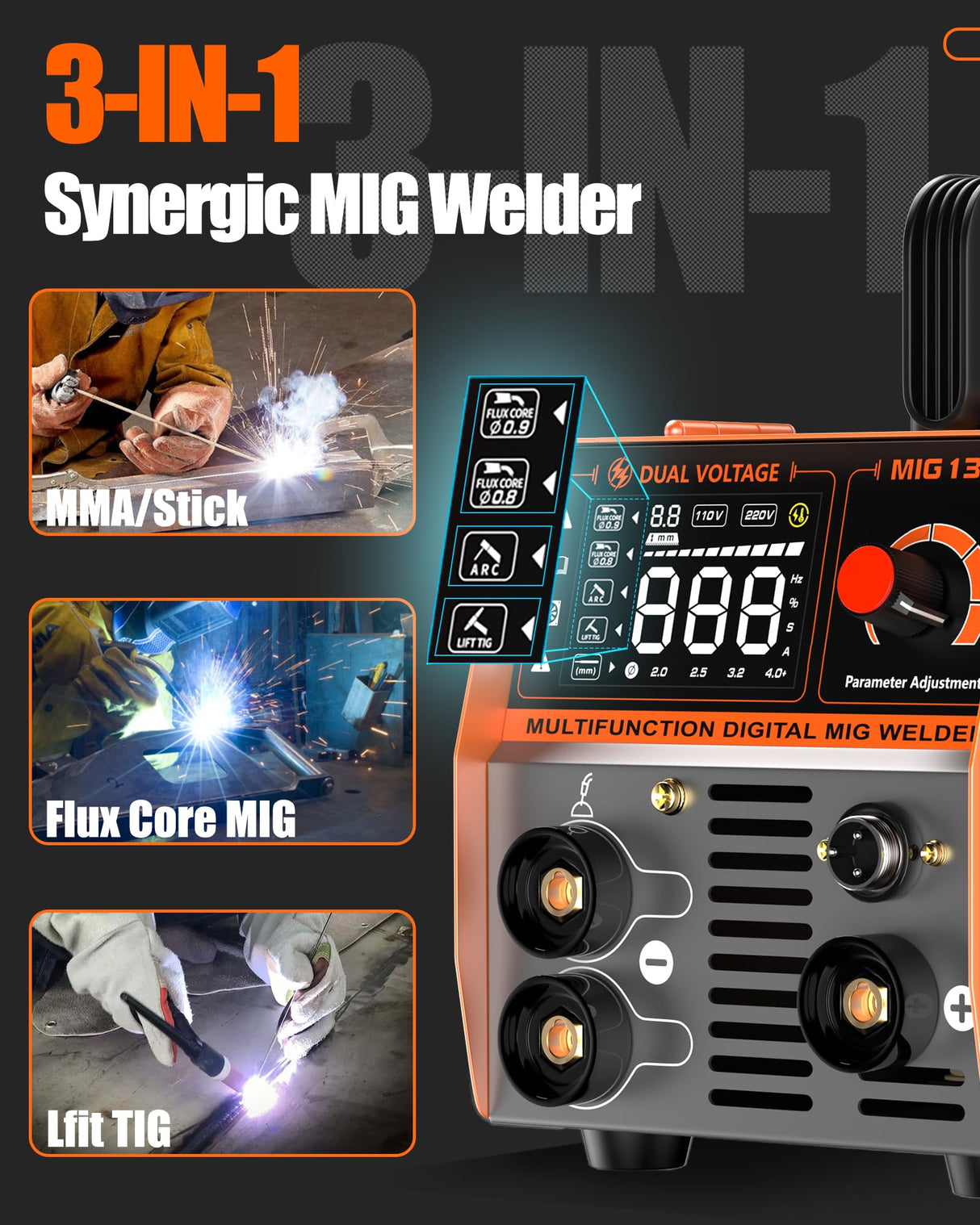 FEIFANKE 135A Flux Core MIG Welder, 110V 3-IN-1 MIG/ARC/Lift TIG Welding Machine with 1 lb .030'' Wire, MIG Torch and 5 PCS Rods, Gasless Welder with IGBT, DC Inverter, Synergy For Repair Work FEIFANKE