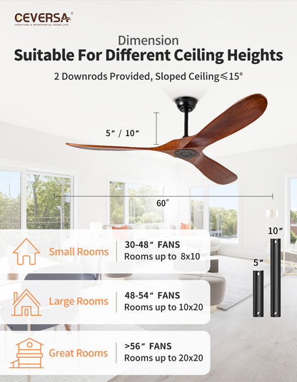 Ceversa 60 Inch Solid Wood Ceiling Fans No Lights Remote Control,Large Outdoor Real Wood Ceilings Fan Without Lights 3 Walnut Blades Craftmade Quiet for Patio Farmhouse Living Room Bedroom Office