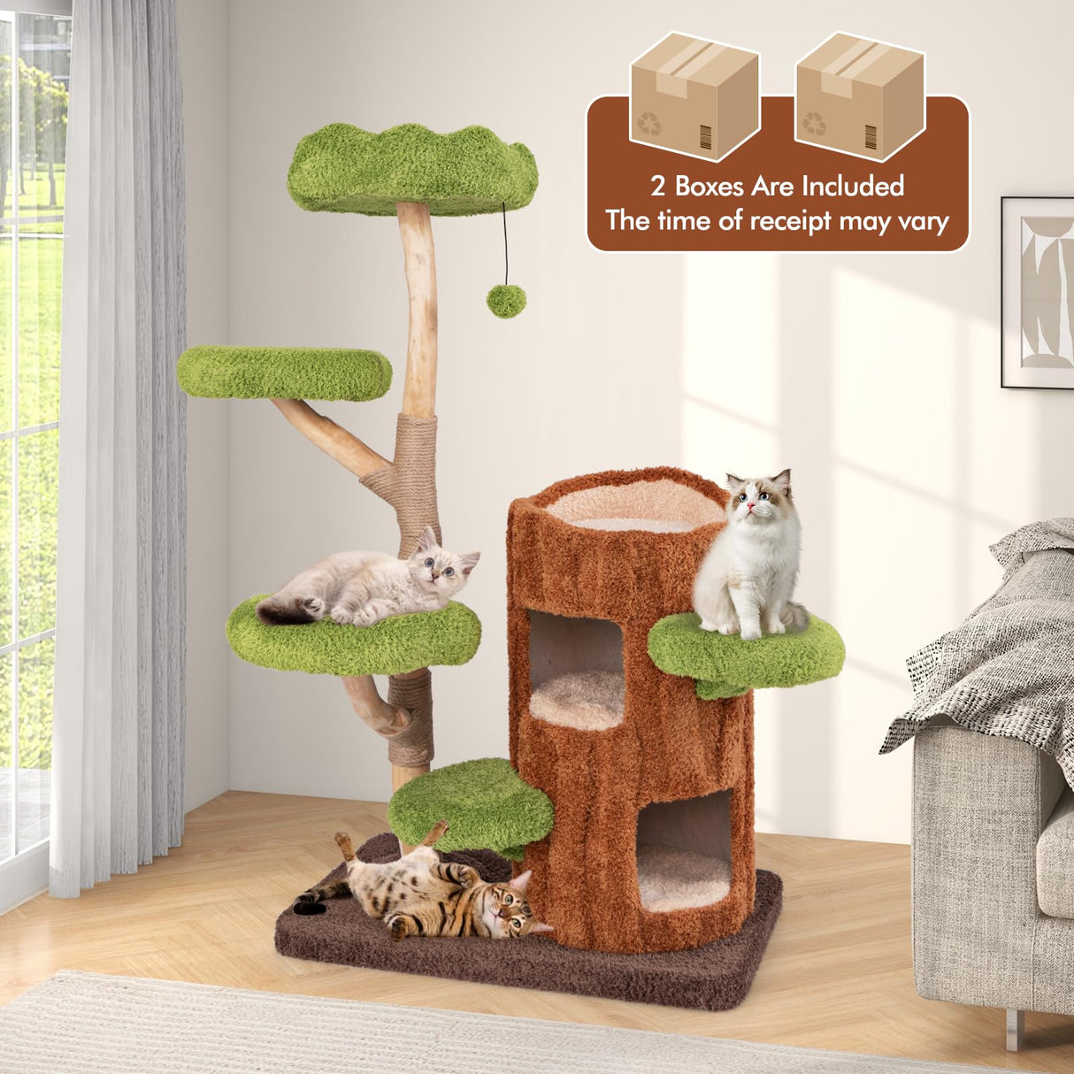 PETSITE 55 Inch Wood Cat Tree, Multi-Level Cat Tower with Double Decker Cat House, Scratching Posts and Sisal Board, Soft Padded Platforms, and Hanging Toy, Wooden Large Cat Tree Tower for Indoor Cats PETSITE