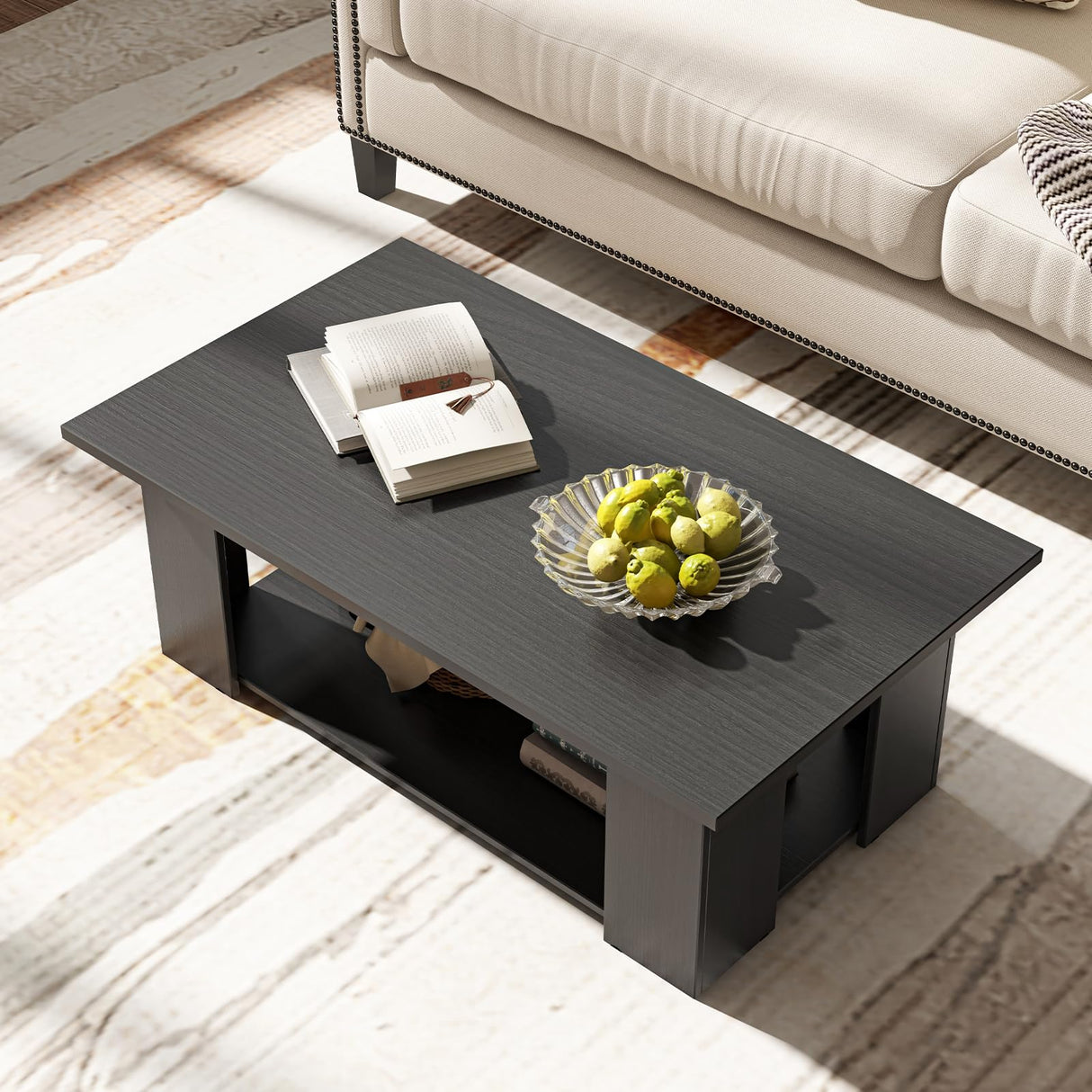 Tangkula 2-Tier Coffee Table, Modern Rectangular Center Cocktail Table with 5 Support Legs, Wooden Accent Living Room Furniture, Small Coffee Table for Small Spaces, Easy Assembly (Black) Tangkula