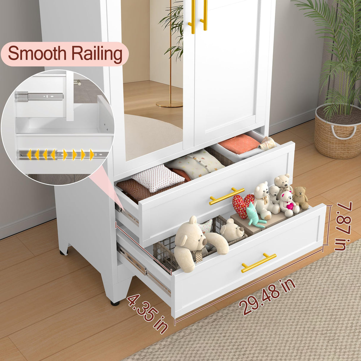 winiowa Metal Armoire Wardrobe Closet with 2 Drawers, 71" Wardrobe Cabinet with Adjustable Shelves and Hanging Rod, Clothing Storage Cabinet Closet with Mirror for Bedroom-White winiowa