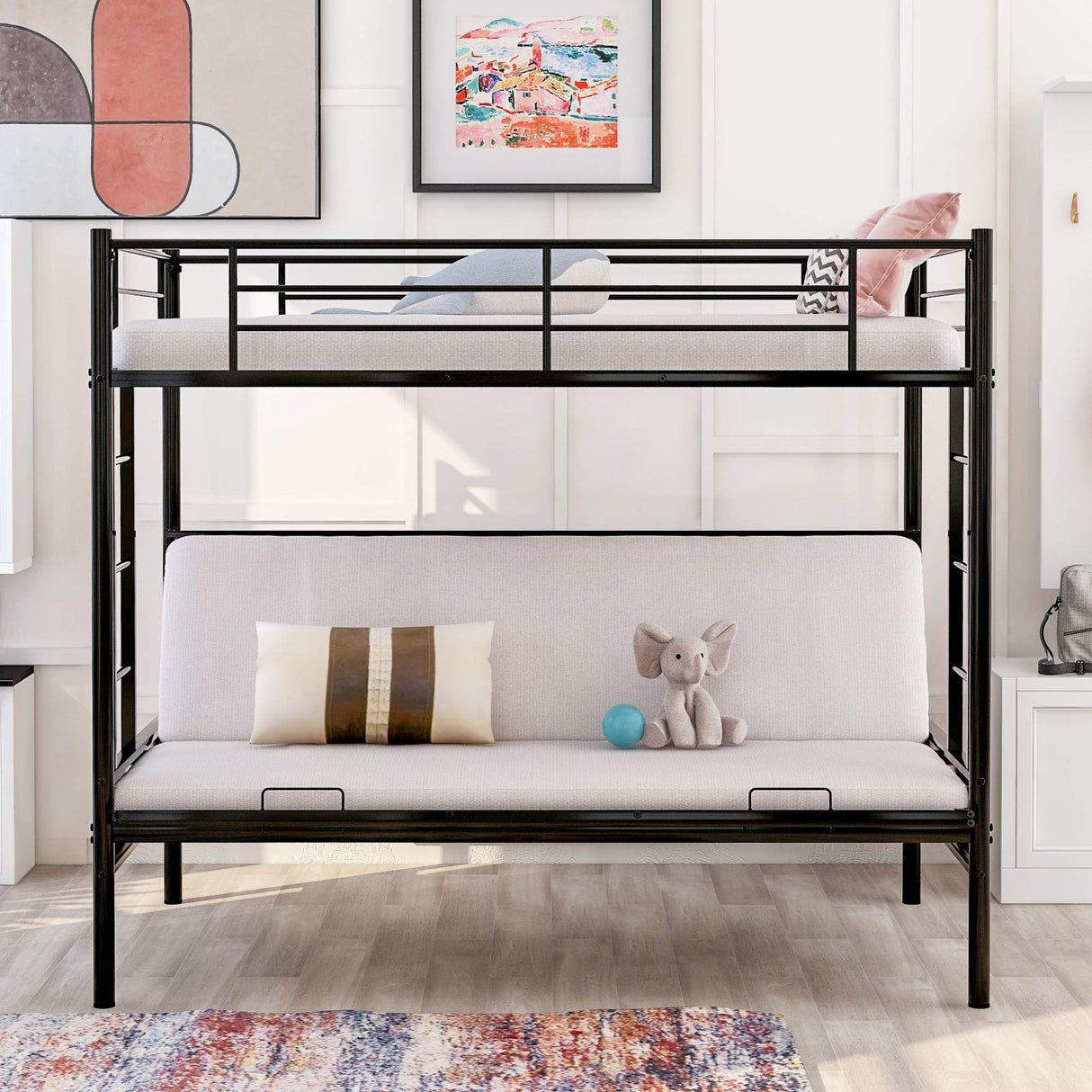 Twin Over Futon/Full Bunk Bed, Bed Frame with Sturdy Steel Frame, Convertible Metal Bunk Bed Couch and Bed with Guard Rail Ladder for Kids Adults Teens,Black Anwick