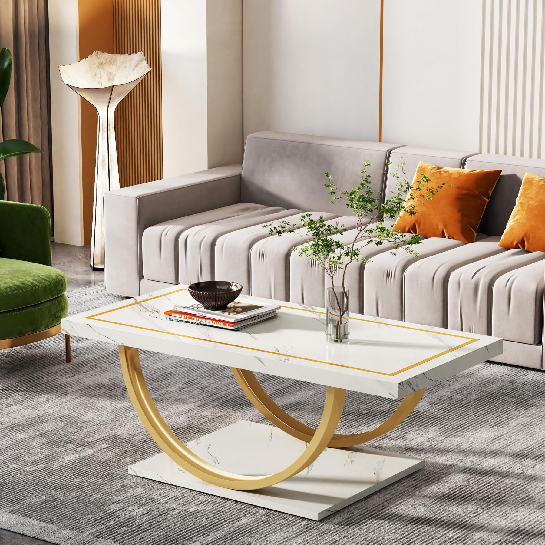 Tribesigns Modern Coffee Table White Gold Coffee Table Rectangle Coffee Table for Living Room, Engineered Wood Coffee Table with Faux Marble Veneer and Heavy Duty Metal Frame - WoodArtSupply