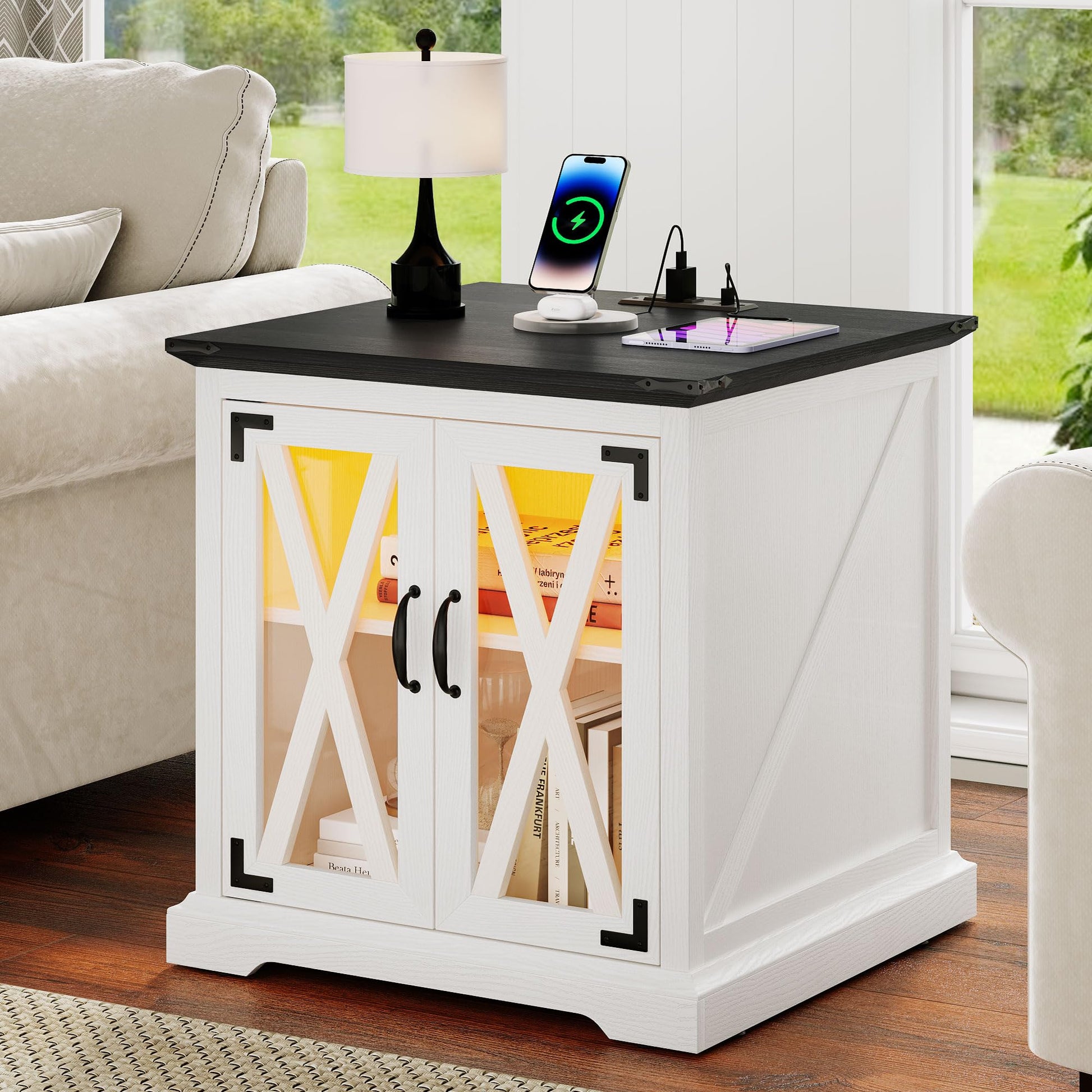 YITAHOME End Table, Farmhouse Sofa Side Coffee Table with Charging Station and LED Lights Bedside Table, Nightstand Storage for Living Room, Bedroom, Office, White - WoodArtSupply