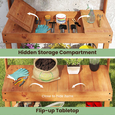 Happygrill Wooden Potting Bench Table, 61" Garden Planting Workstation w/ 3-Tier Open Shelf, Flip-up Tabletop, Bottom Storage Rack, Indoor Outdoor Flower Pot Bench for Backyard, Balcony, Lawn HAPPYGRILL