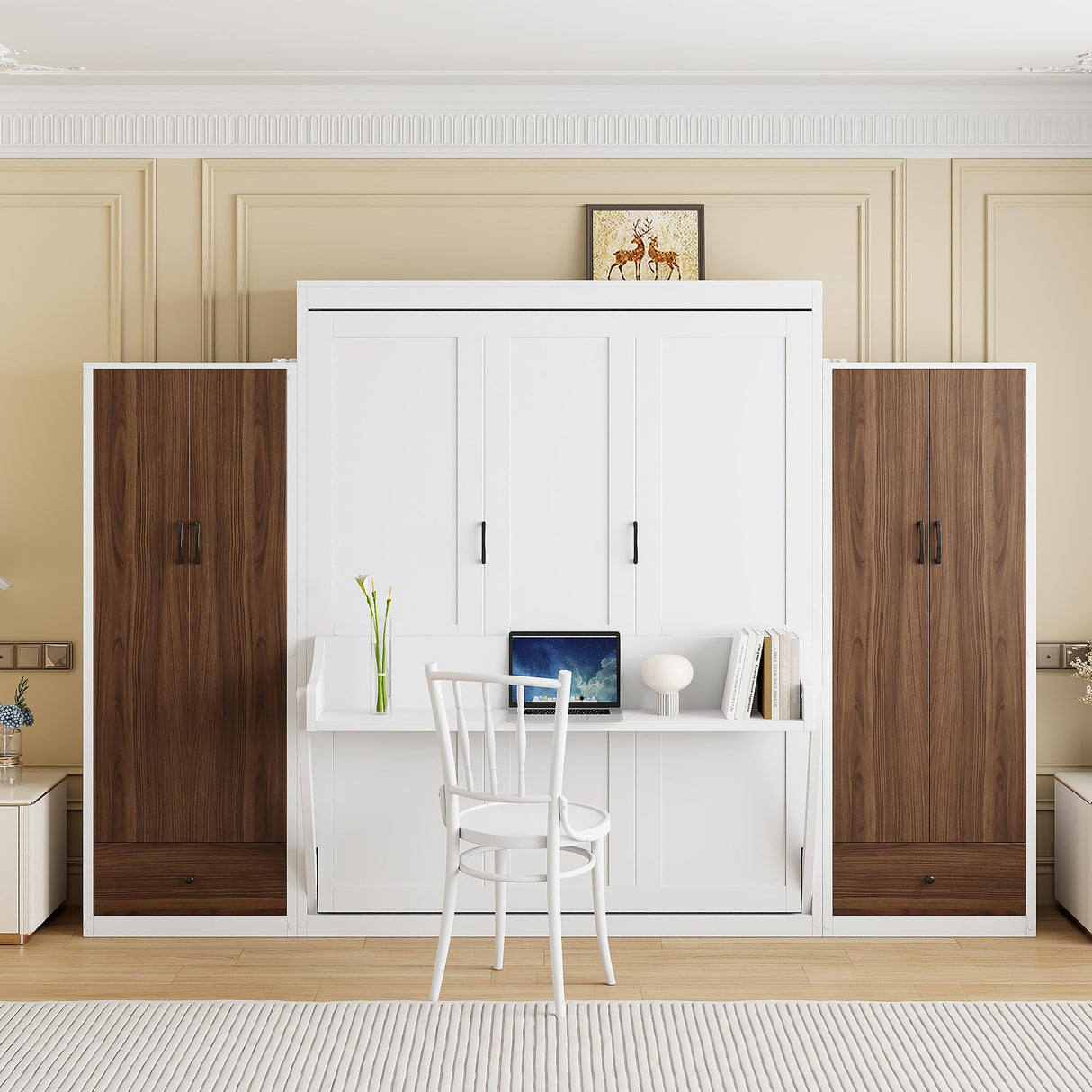 Flieks Full Size Murphy Bed, Wooden Full Wall Bed with Closet, Drawers and Desk, White Flieks