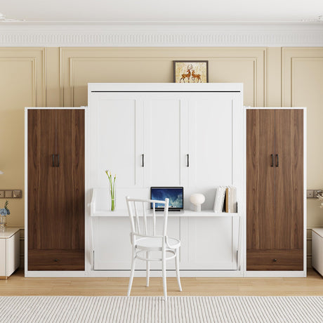 Harper & Bright Designs Full Size Murphy Bed, Wooden Full Wall Bed with Closet, Drawers and Desk, White Harper & Bright Designs