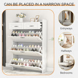 HANLIVES Shoe Cabinet for Entryway, White Narrow Shoe Storage Organizer with 3 Doors 2 Drawers,Flip Down Shoe Rack Wood 4 Tier Shoe Storage Cabinet for Hallway, Living Room,Home and Apartment HANLIVES