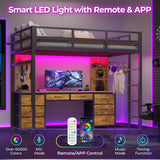 ADORNEVE Twin Loft Bed with Desk and 8 Storage Drawers, Metal Loft Bed Twin Size with LED Lights & Charging Sation, LED Loft Bed with 6 Storage Shelves & Clothes Rail, Full-Length Guardrail, Black ADORNEVE