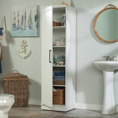 Sauder HomePlus Narrow Pantry Storage Cabinet Slim Single Door with Adjustable Shelves, Kitchen Laundry Bathroom Storage Cabinet, in Soft White Sauder