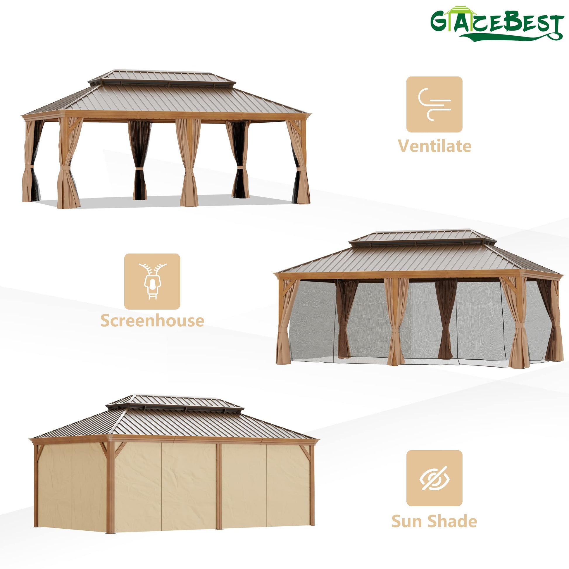 GAZEBEST 12' X 20' Permanent Hardtop Gazebo, Outdoor Galvanized Steel Double Roof Pavilion Pergola Canopy Wood-Looking with Aluminum Frame and Privacy Curtains for Garden,Patio Backyard,Deck  - WoodArtSupply