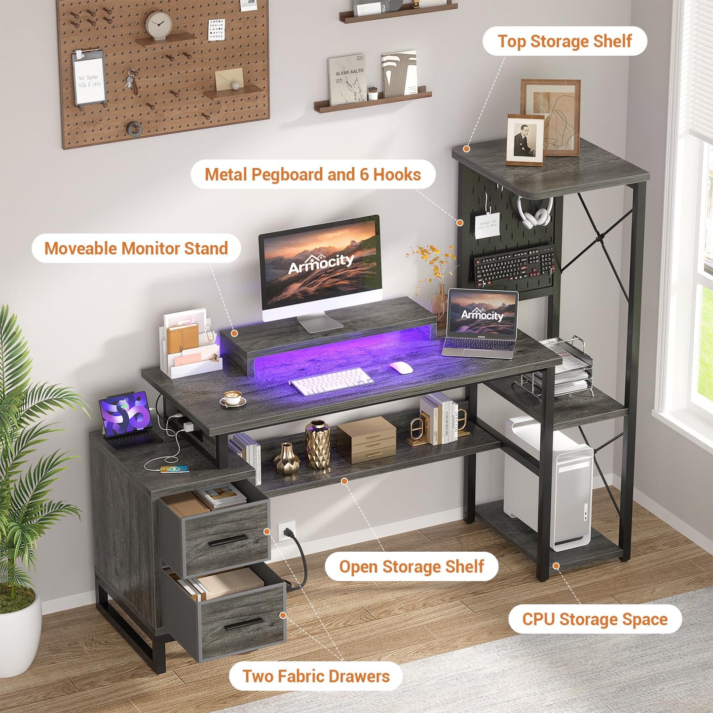 Computer Desk with 2 Fabric Drawers - Reversible Home Office Desk with Power Outlet & LED Lights, 53" Writing Desk with Monitor Stand & Storage Shelves, Gaming Desk Study Table with Pegboard, Grey Oak