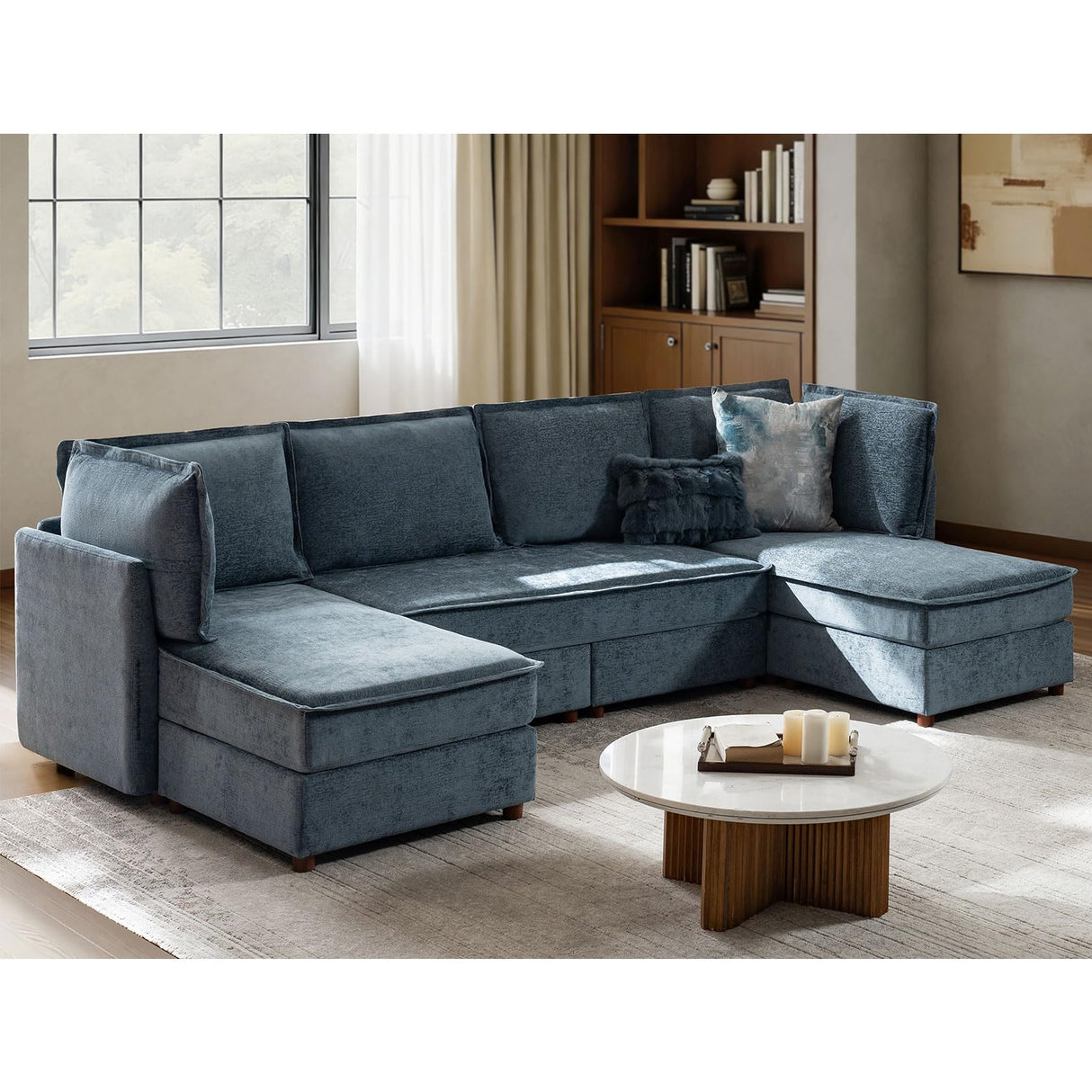 HULALA HOME 129'' Modular Sectional Sofa with Chaise, Oversized U Shaped Sofa with Hidden Storage Compartment, Comfy Cloud Couch with Extra-Wide Seat, Tool-Free Assembly, Blue HULALA HOME