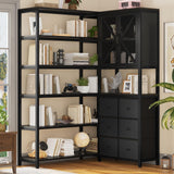 HAUOMS Corner Bookshelf, 6 Tier Industrial Convertible Bookshelf with 6 Fabric Drawers, Corner Bookcase Large L Shaped Storage Display Shelf for Home Office, Living Room, Kitchen, Black HAUOMS