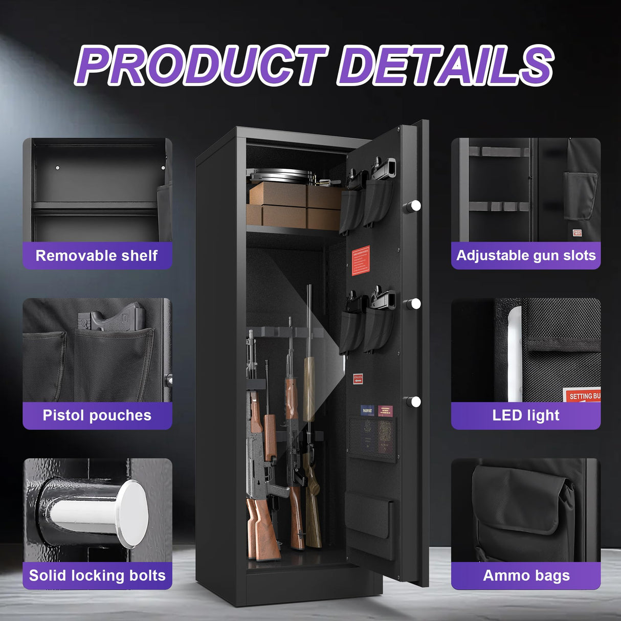 Marcree 8-10 Gun Safe for Rifles and Pistols, Gun Cabinets for Rifles and Shotguns, Long Gun Safe for Home Rifle and Pistols with Dual Alarm & Mute Mode, Gun Cabinet with Quick Access and Gun Rack Marcree