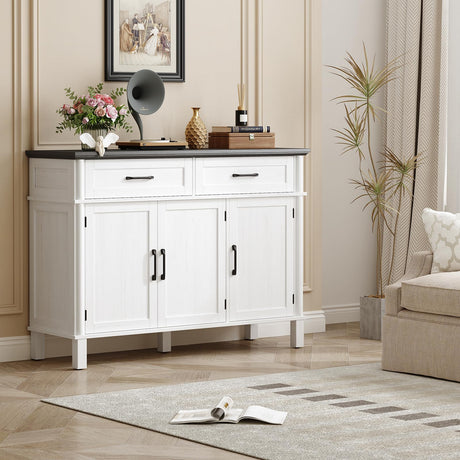 48 Inches Buffet Cabinet with Storage, Farmhouse Sideboard Buffet w/2 Drawers and 3 Doors, Wood Coffee Bar Cabinet with Adjustable Shelves, Sideboard Storage for Kitchen, Living Room, Off White&Black ONBRILL