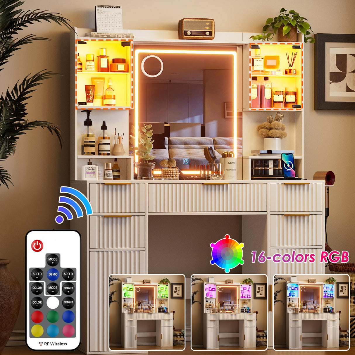 PAKASEPT Vanity Desk with Mirror and Lights, Fluted Makeup Vanity Desk with Lights 3 Colors, Glass Top Vanity with 16 RGB Colors Cabinet, 2 Shelves & 5 Drawers & Power Outlet for Bedroom PAKASEPT