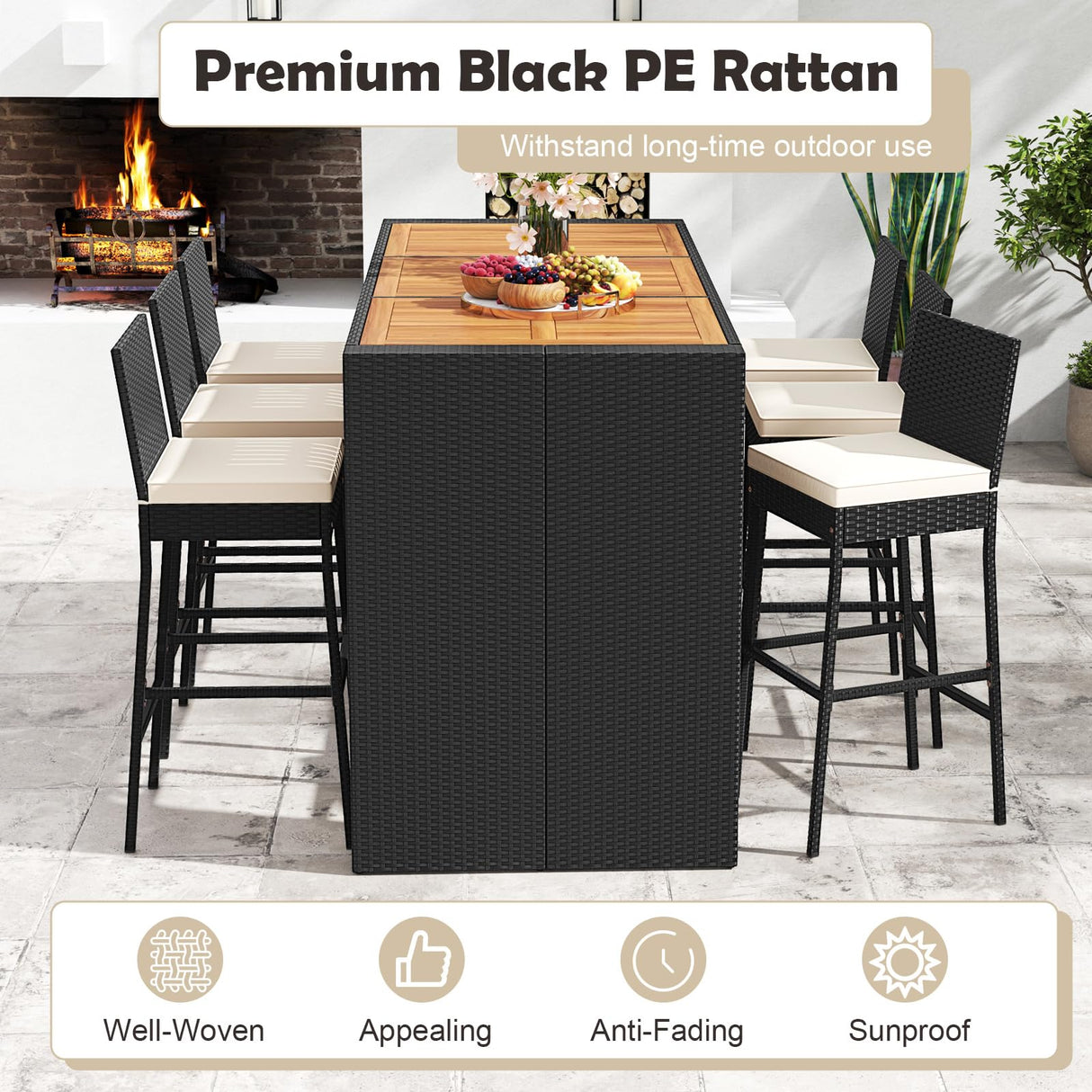 Tangkula 7 Piece Patio Wicker Bar Set, Patiojoy Outdoor Acacia Wood Bar Height Table & 6 Rattan Bar Stool Chairs with Backrest and Footrest, for Bistro Garden Balcony Tangkula