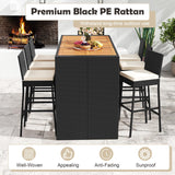 Tangkula 7 Piece Patio Wicker Bar Set, Patiojoy Outdoor Acacia Wood Bar Height Table & 6 Rattan Bar Stool Chairs with Backrest and Footrest, for Bistro Garden Balcony Tangkula