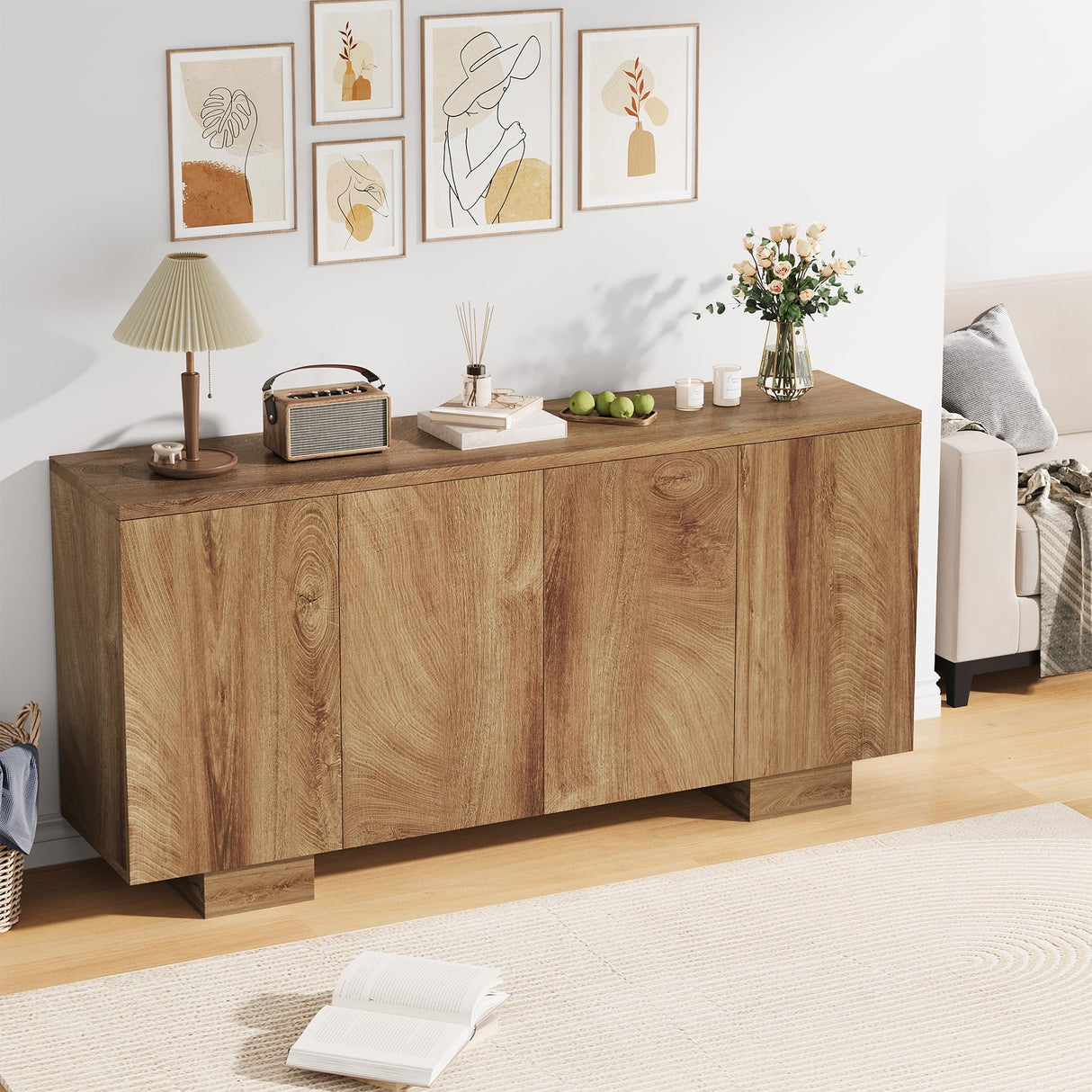 Condemo Sideboard Buffet Cabinet with Storage, Farmhouse Coffee Bar Cabinet with 4 Doors & Adjustable Shelves for Living Room, Kitchen, Hallway, Oak Condemo