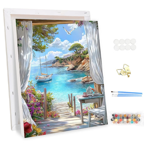 EOBROMD Framed Paint by Numbers Kits for Adults Seaview, DIY Landscape Acrylic Paint by Number on Stretched Canvas, Painting Kits Adults Oil Paint by Numbers for Home Decor 12x16inch EOBROMD