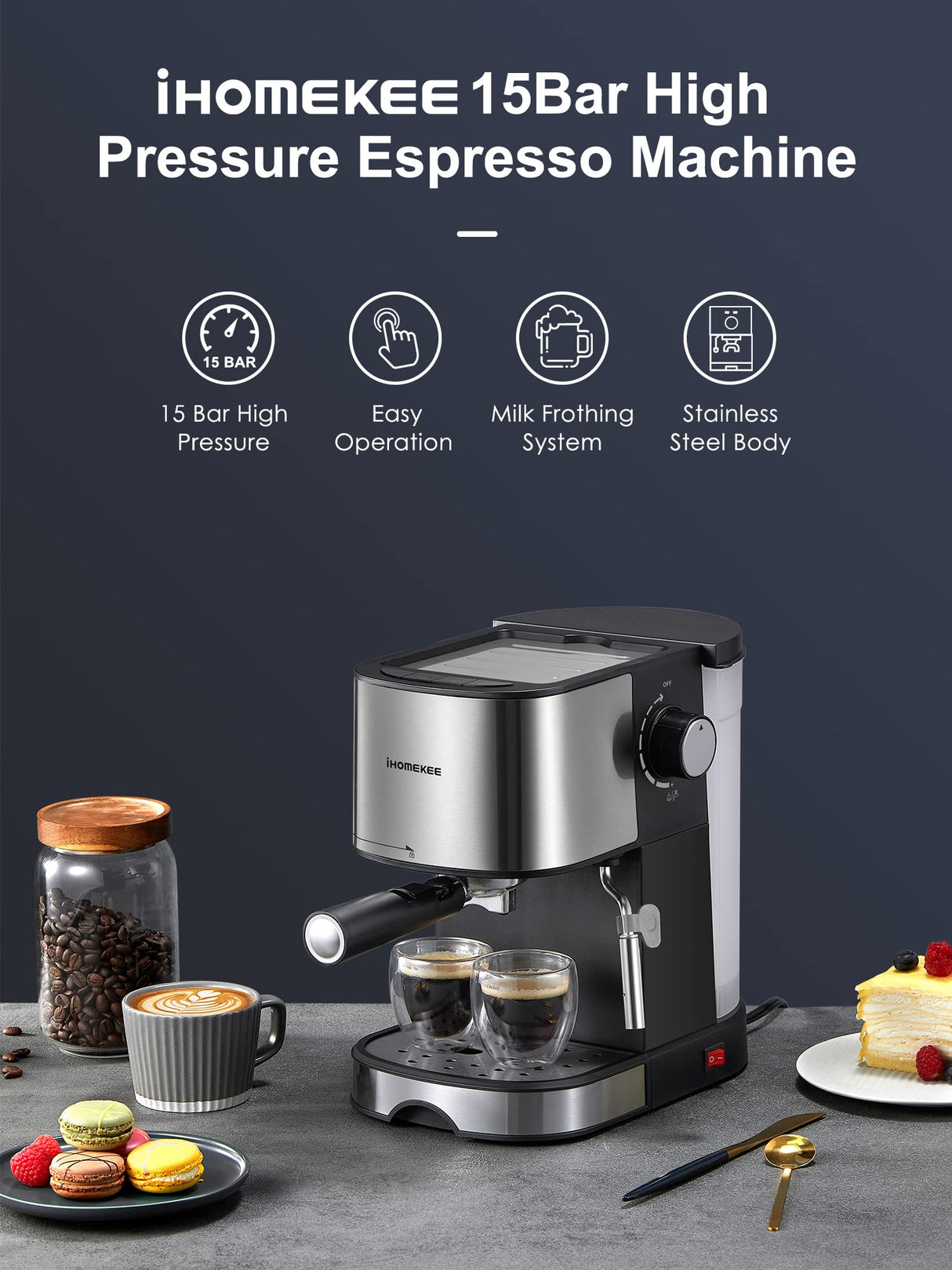Ihomekee Espresso Machine, Espresso and Cappuccino Coffee Maker with Milk Frother/Steam Wand for Latte, Mocha, Cappuccino, 15 Bar Pump Pressure Semi-Automatic Coffee Machine, Silver+Black Ihomekee