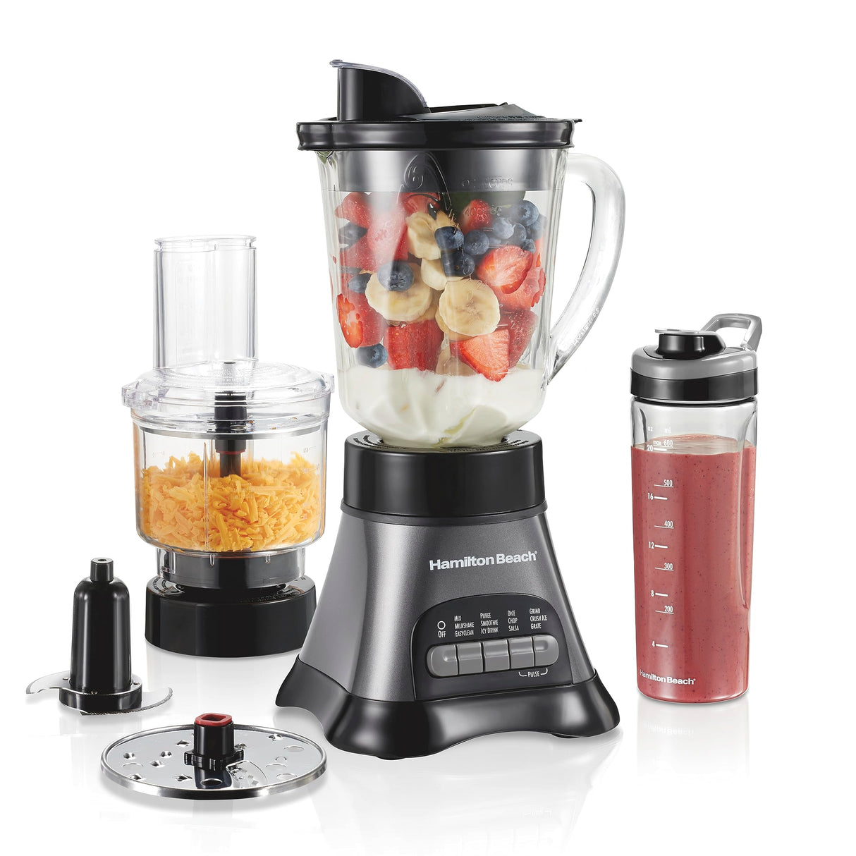 Hamilton Beach Blender for Shakes and Smoothies & Food Processor Combo, With 40oz Glass Jar, Portable Blend-In Travel Cup & 3 Cup Electric Food Chopper Attachment, 700 Watts, Gray & Black (58163) Hamilton Beach