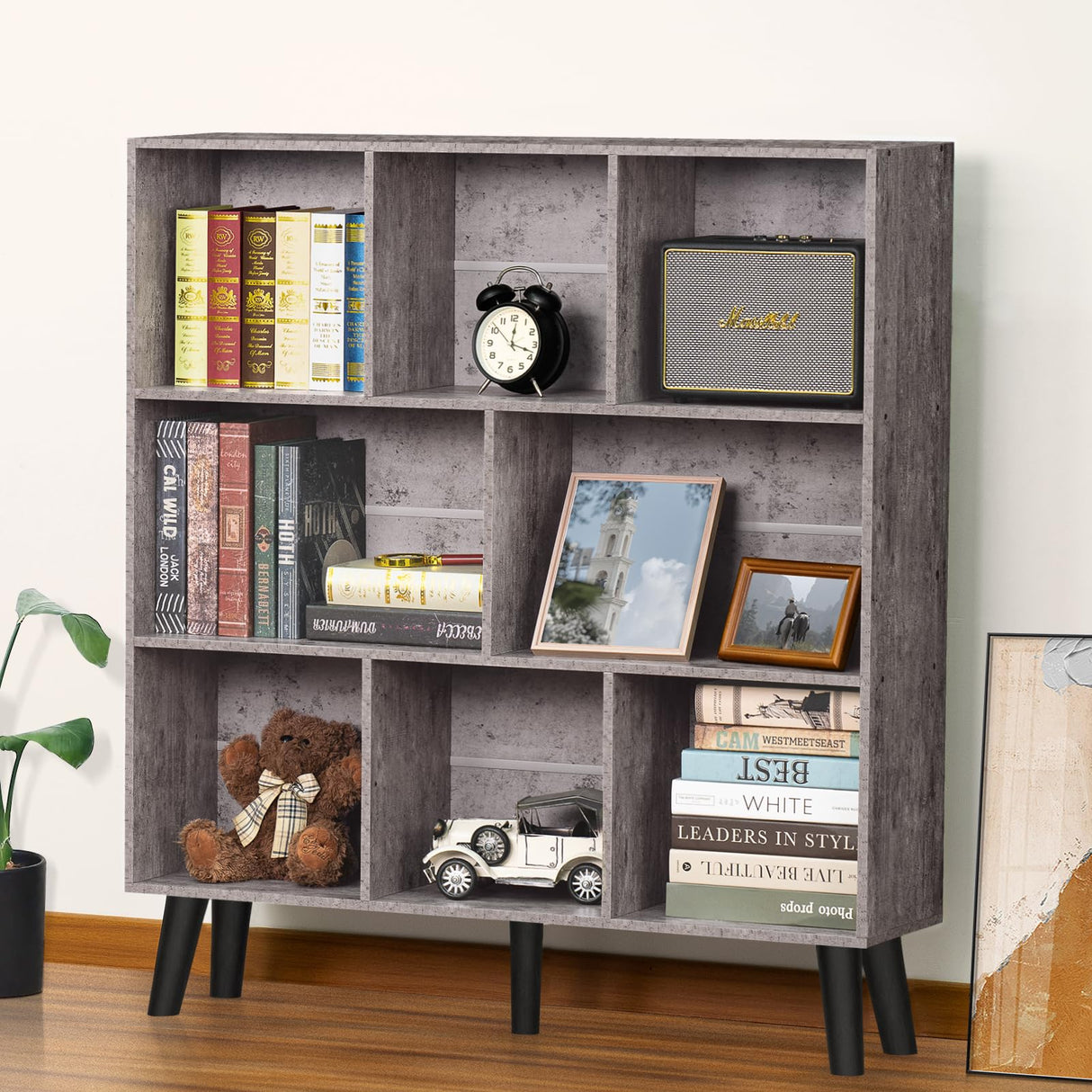 LEYAOYAO 8 Cube Bookshelf,Farmhouse Bookcase with Legs,Modern Dirty Grey Mid-Century Bookshelves,Large 3 Tier Open Storage Organizer Shelf, Retro Wood Display Book Case LEYAOYAO