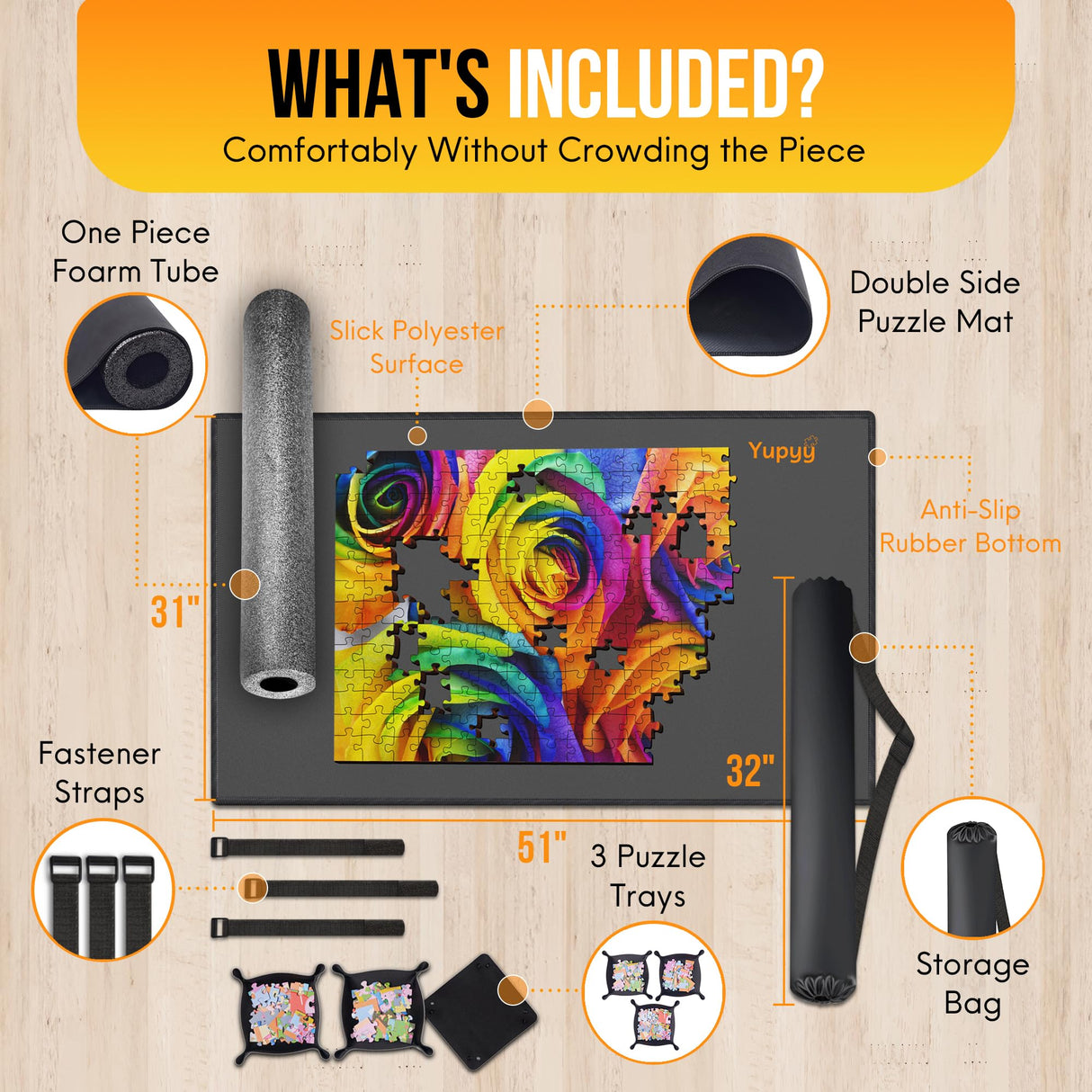 Puzzle Mat Jigsaw Puzzle Mat and 3 Puzzle Trays, Puzzle Mat Roll Up 51”x31”, Portable Large Puzzle Mat Organizer Up to 2000 Pcs, No Creases to Your Finished and Unfinished Puzzles, Rubber Puzzle Mats YUPYY