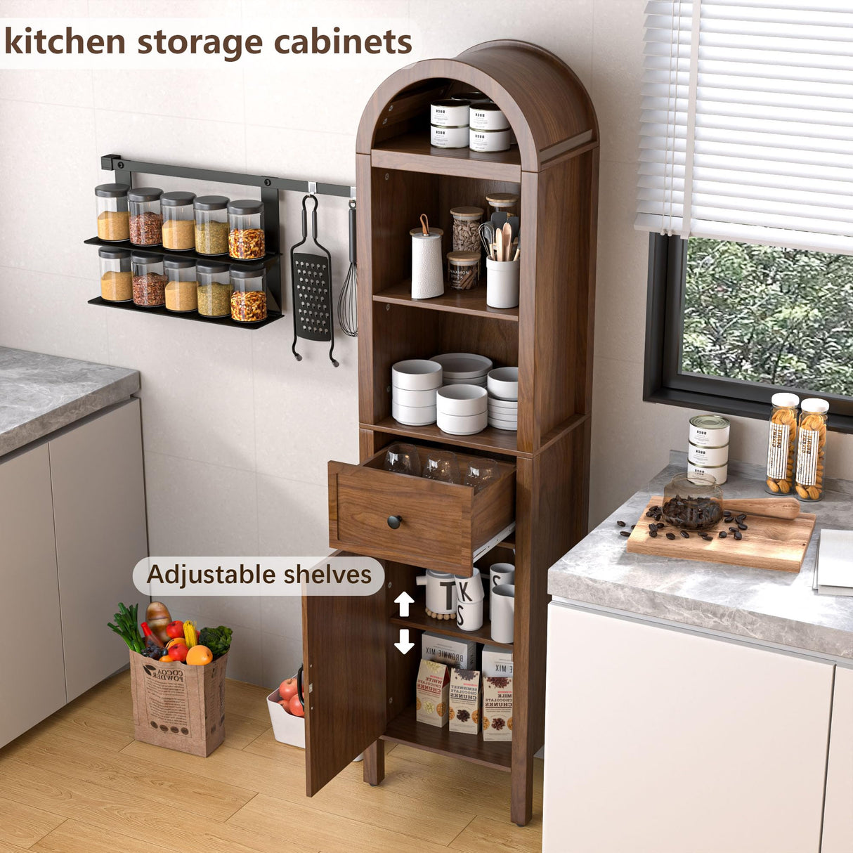 Lxsxlome 64" Tall Bathroom Storage Cabinet with Adjustable Shelves,Tall Narrow Arched Freestanding Tower Cabinet with Fluted Doors and Drawers,Space Saving Organizer for Bathroom Living Room (Walnut) Lxsxlome