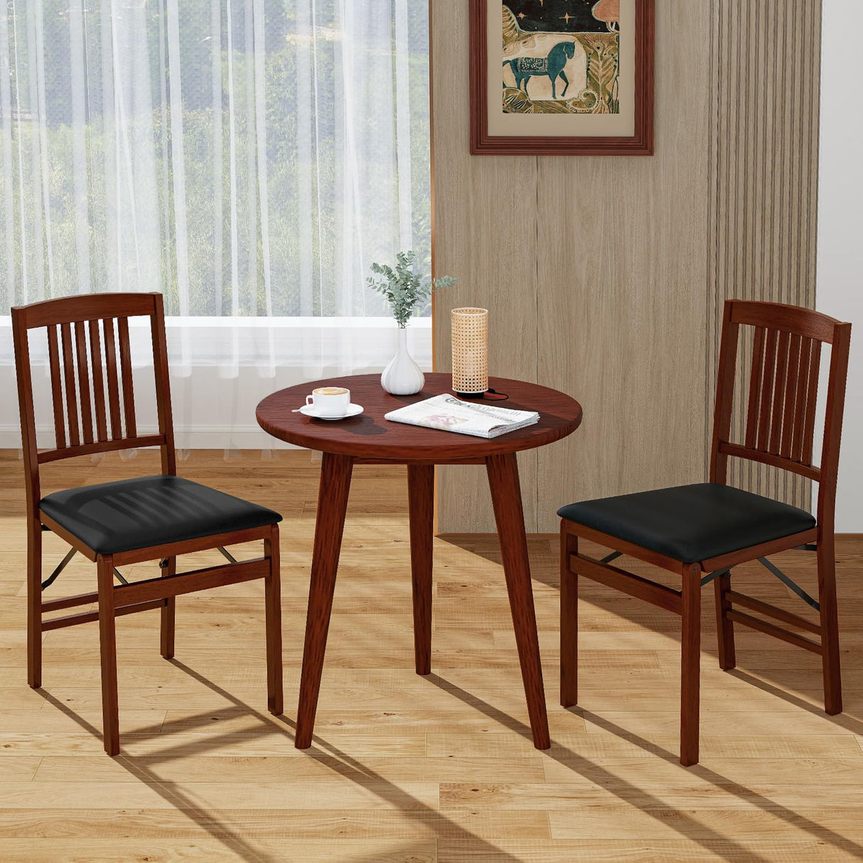 Giantex Folding Dining Chairs Set of 2, Solid Wood Frame, Foldable Wood Kitchen Chairs with Padded Seat, Max Load 400 Lbs, No Assembly, Armless Side Chairs for Apartment Dining Room, Brown & Black Giantex