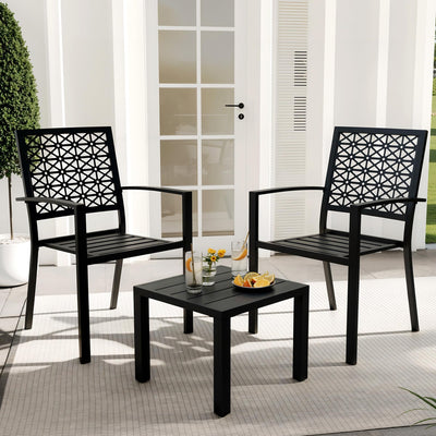 Trendyhom 3 Piece Patio Bistro Set, Carved Back Design Outdoor Bistro Table and Chairs Set of 2, Stackable Outdoor Patio Furniture Set for Patio, Balcony, Porch Indoor Outdoor, Black