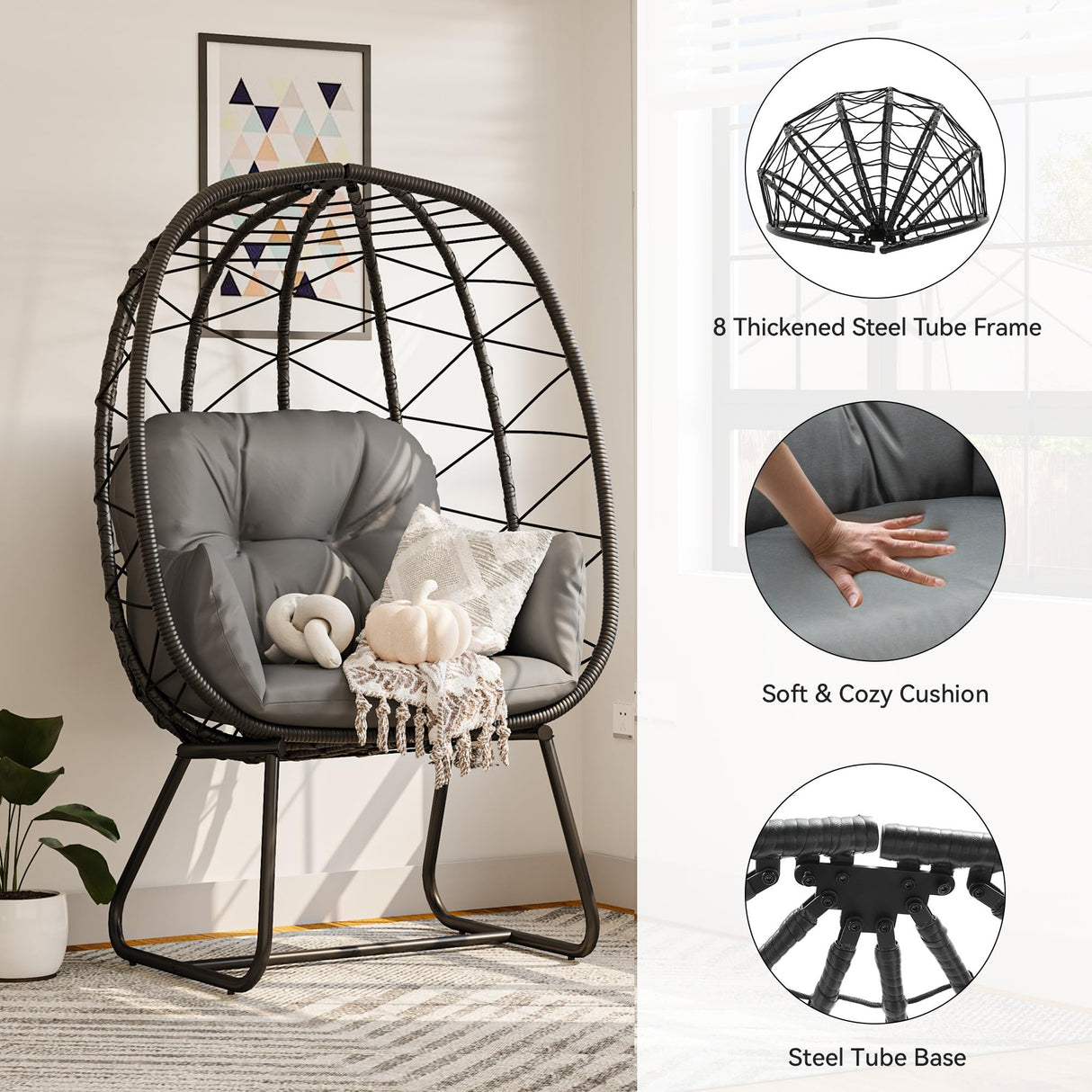 YITAHOME Egg Chair with Stand Outdoor Indoor Egg Lounge Chair with Cushion Wicker Chair PE Rattan Chair Included for Patio, Garden, Backyard, Porch, Gray YITAHOME