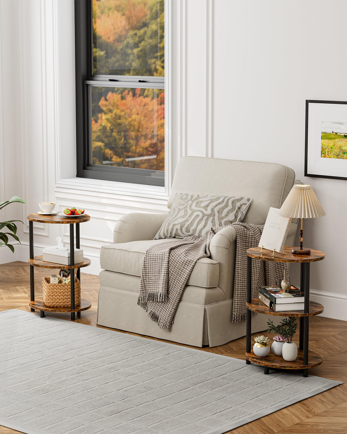 RISWER Small Round Side Table - 3-Tier Oval Accent Table for Small Spaces, Rustic Wood and Metal Couch End Table, Nightstand for Bedroom or End Table Living Room, Easy to Assemble, Rustic Brown RISWER